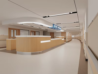 Hospital Outpatient Clinic Spacious Lobby With Wooden Counter Modern Design Corridor 3d model