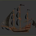 Detailed Vintage Model Sailing Ship With Black Sails And Red Gold Hull