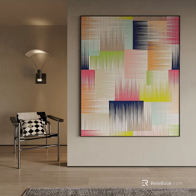 Colorful Abstract Landscape Art In Interior With Chair And Lamp 3d model 