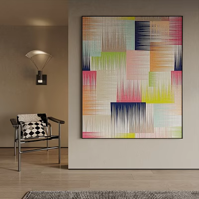 Colorful Abstract Landscape Art In Interior With Chair And Lamp 3d model