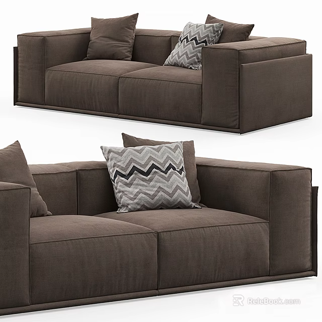 Brown Fabric Double Sofa With Geometric Patterned Cushions Modern Design 3d model 