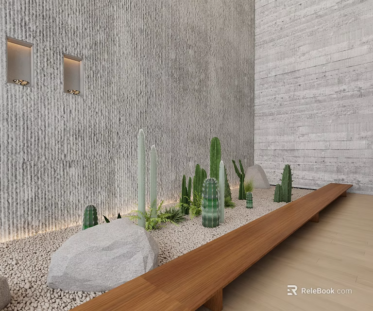Bonsai Cactus Plants With Stone Wall Wooden Bench Decorative Rocks And Gravel 3d model 