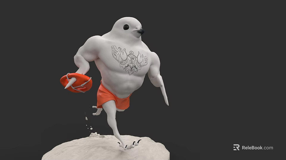 Muscular White Seabird Standing On Snow With Orange Shorts And Lifebuoy 3d model 