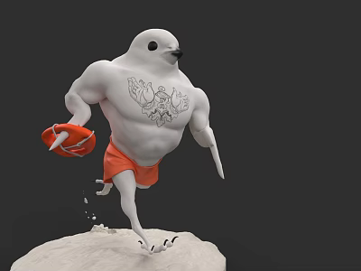 Muscular White Seabird Standing On Snow With Orange Shorts And Lifebuoy 3d model