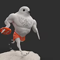 Muscular White Seabird Standing On Snow With Orange Shorts And Lifebuoy