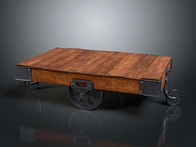 Vintage Wooden Cart With Slatted Surface And Metal Spoked Wheels 3d model