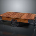 Vintage Wooden Cart With Slatted Surface And Metal Spoked Wheels