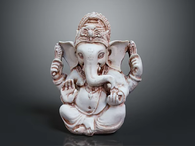 White Elephant Headed Hindu Deity Statue in Sitting Posture with Multiple Carved Arms 3d model