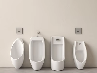 Four White Wall Mounted Urinals In Modern Bathroom With Sensor Panels 3d model