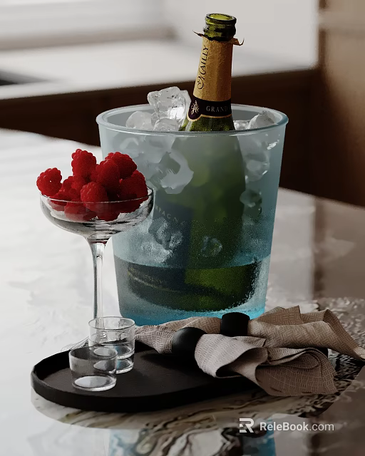 Elegant Decorative Ornament Set with Ice Bucket Wine Bottle Raspberries Goblet Black Stones and Napkins 3d model 