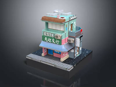 Vintage Hair Salon Building Model With Two Story Structure Green Signboard And Pink Door 3d model