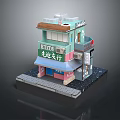 Vintage Hair Salon Building Model With Two Story Structure Green Signboard And Pink Door