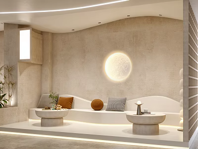 Modern Lounge Area with Curved Sofa Circular Moon Lamp Small Round Tables and Light Walls 3d model