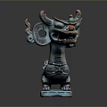 Traditional Dragon Head Sculpture Carving With Bronze Colored Finish Intricate Patterns And Square Base