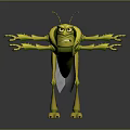 Yellow Insect Cartoon 3D Model Character With Multiple Arms Legs And Frowning Expression