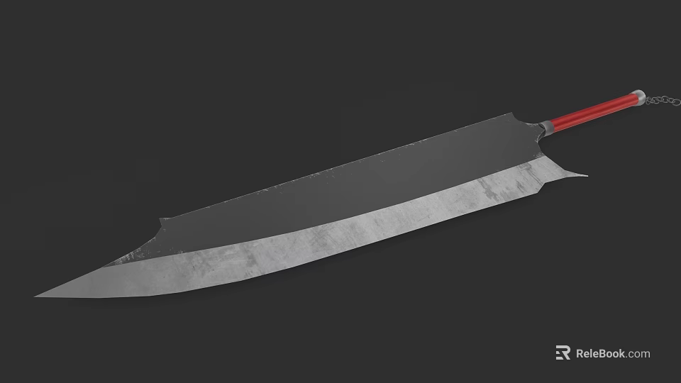 Large Blade Weapon With Red Handle And Worn Metallic Sharp Edge 3d model