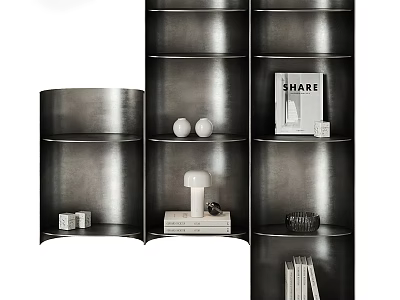 Modern Decorative Cabinet With Sleek Black Shelves Displaying Books Lamp And Ornaments 3d model