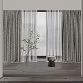 Thick Curtains And Sheer Curtain By Window In Natural Light With Green Plant Stool Rug