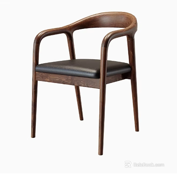 Wooden Dining Chair With Black Leather Seat And Curved Armrests Design 3d model 