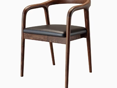 Wooden Dining Chair With Black Leather Seat And Curved Armrests Design 3d model