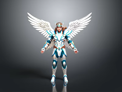 Winged Fantasy Warrior In Blue White Armor With Large White Wings Standing 3d model