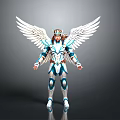 Winged Fantasy Warrior In Blue White Armor With Large White Wings Standing