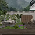 Lush Courtyard Garden With Wooden Deck Outdoor Seating Fire Pit And Colorful Flowers
