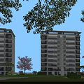 Modern Multi Storey Residential Building Exterior With Greenery Trees Cherry Blossom And Purple Flowers