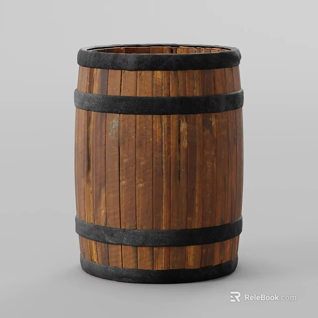 Traditional Wooden Barrel With Black Metal Bands And Natural Wood Grain 3d model 