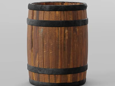 Traditional Wooden Barrel With Black Metal Bands And Natural Wood Grain 3d model
