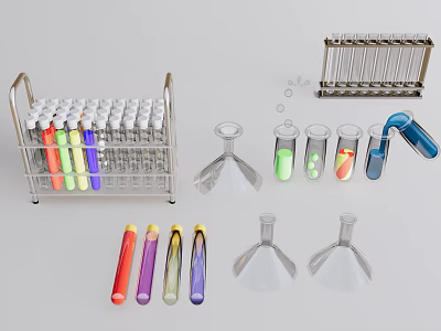 Laboratory Medical Equipment With Metal Test Tube Racks Colorful Tubes And Glass Funnels 3d model