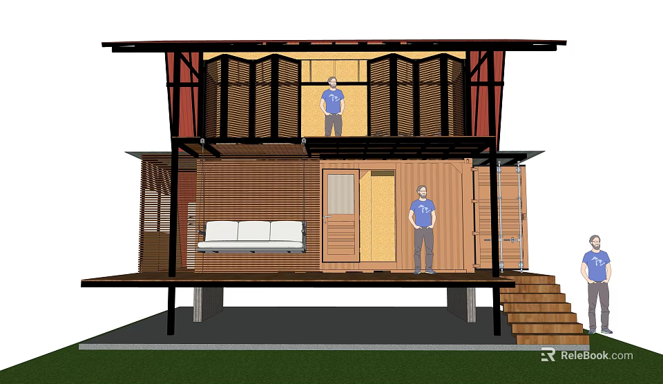 Two Story Detached House With Wooden Exterior Terrace Staircase And Interior Sofa 3d model 