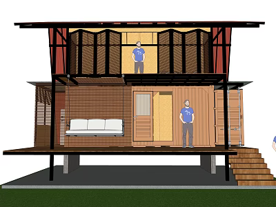 Two Story Detached House With Wooden Exterior Terrace Staircase And Interior Sofa 3d model