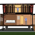 Two Story Detached House With Wooden Exterior Terrace Staircase And Interior Sofa