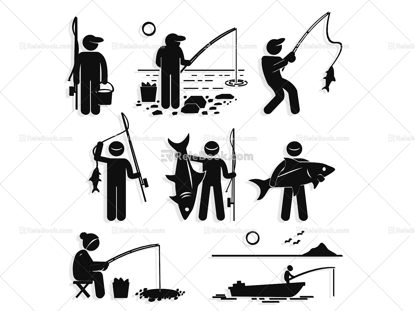 Fishing silhouette figure action boat fish design element sports wall decoration icon fishing rod fishing sea fishing fishing sports fishing gear 3d model