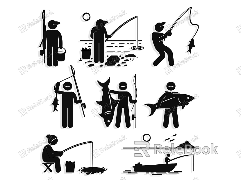 Fishing silhouette figure action boat fish design element sports wall decoration icon fishing rod fishing sea fishing fishing sports fishing gear model