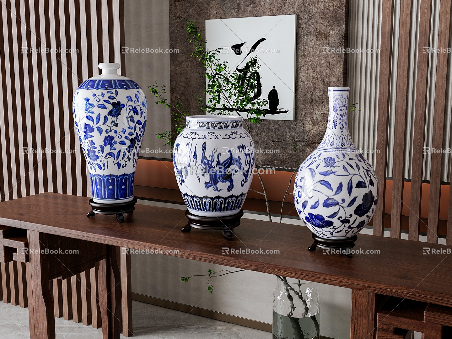 Blue and White Porcelain Vase Ornaments Combination model