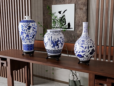 Blue and White Porcelain Vase Ornaments Combination model