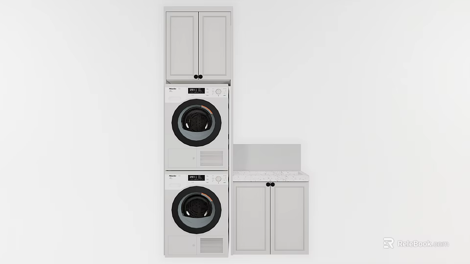 Modern White Bathroom Cabinet with Stacked Washer Dryer and Storage Countertop 3d model 