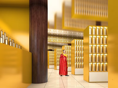 Religious Faith Sacred Hall Interior With Red Robe Devotee And Golden Shelves 3d model