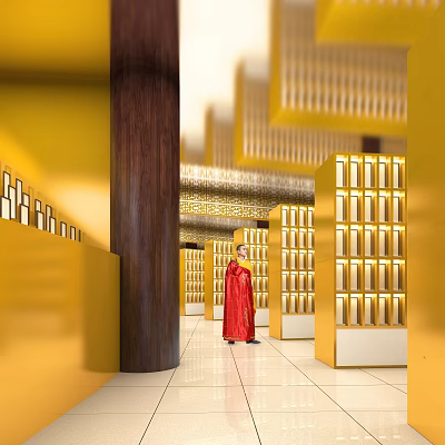 Religious Faith Sacred Hall Interior With Red Robe Devotee And Golden Shelves 3d model