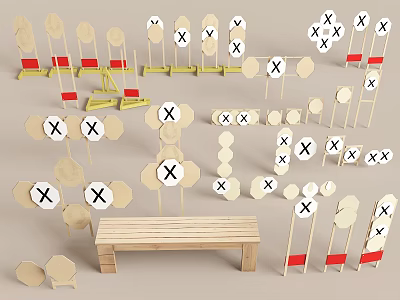Wooden Model Building Components Featuring X Marked Parts Various Shapes And Bench 3d model