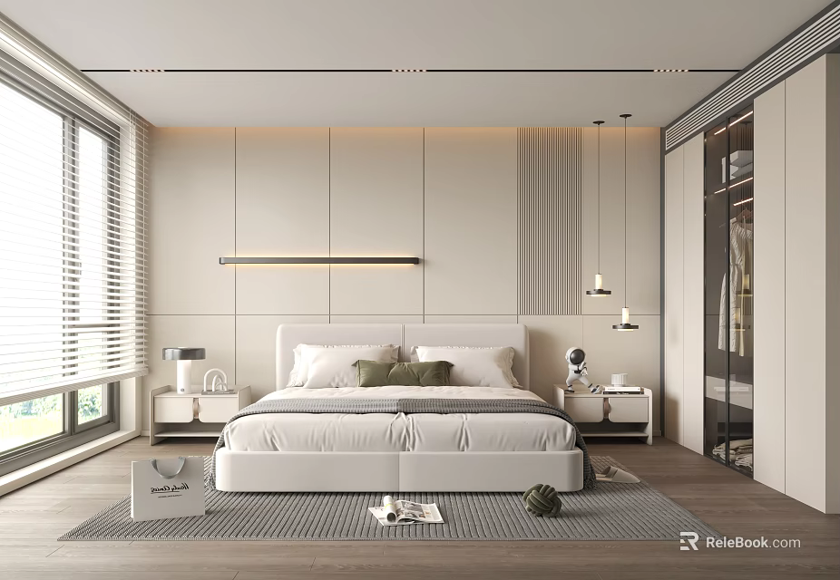 Modern Bedroom Interior With Comfortable Bed Nightstands And Ambient Wall Lighting 3d model
