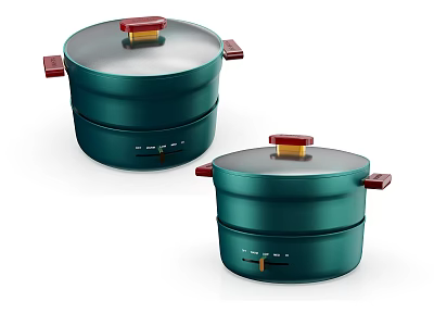 Green Double Layer Kitchen Steamers With Red Handles And Lids 3d model