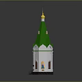 Traditional Architectural Structure Featuring Green Spire Golden Top White Body Arched Windows And Arched Door