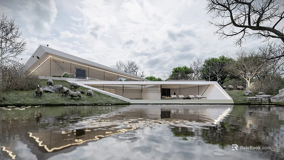 Modern Detached Villa With Sleek Roof Waterfront Reflection And Lush Lawn 3d model 