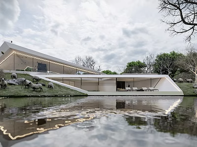 Modern Detached Villa With Sleek Roof Waterfront Reflection And Lush Lawn 3d model