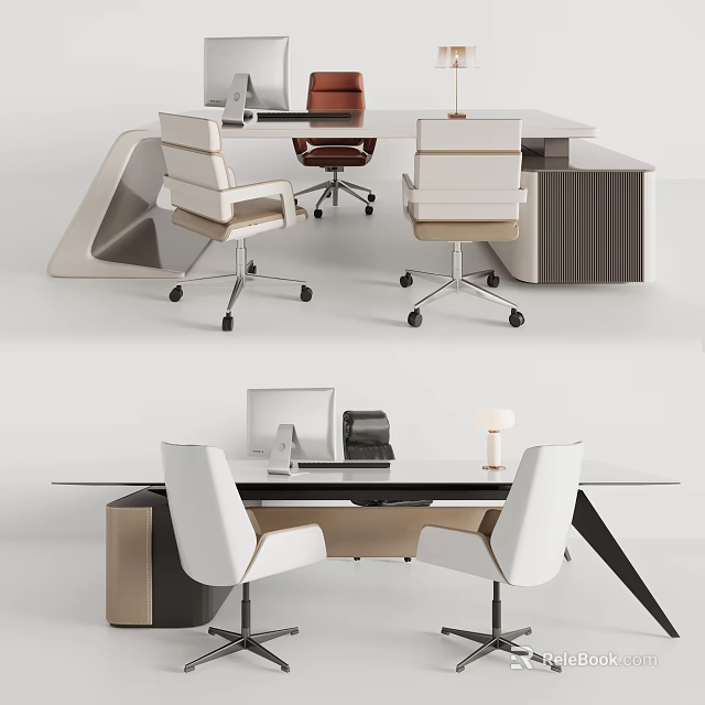 Modern Office Desk Setup With White Ergonomic Chairs And Computer Workstation 3d model