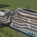 Modern Office Building Exterior With Multiple Structures Greenery Sports Courts And Parking