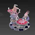 Cartoon Scene With Characters Sitting Around Star Pattern Round Table On Checkerboard Floor